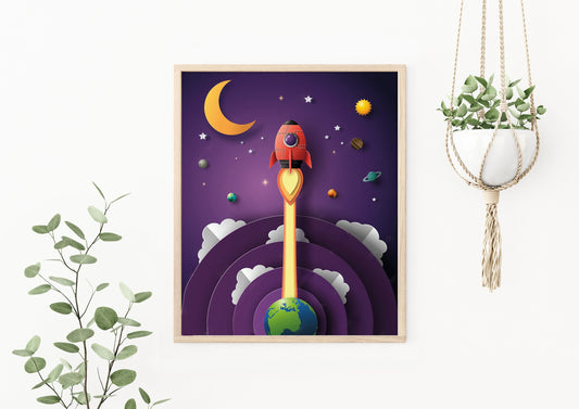 Wall Print 3D Optical Illusion | Space Rocket Planet Explore